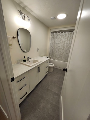 Hair dryer, towels, soap, toilet paper