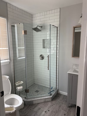 Shower, hair dryer, towels, soap