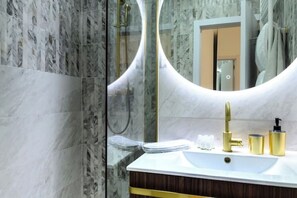 Shower, hair dryer, soap