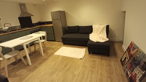Een knus woongedeelte met een kitchenette, een slaapbank, een eettafel en een vloerkleed.