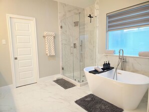 Shower, hair dryer, bidet, towels