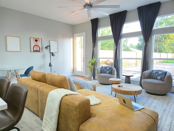 Smart TV, fireplace, books, music library