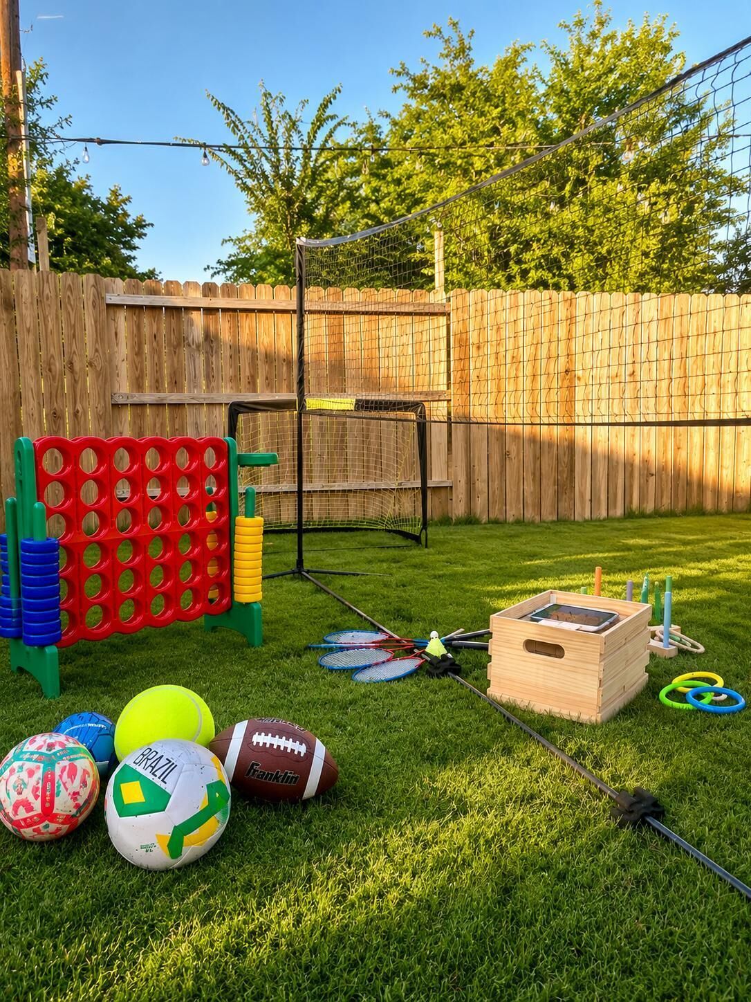 Un jardin avec une clôture en bois, un but de football et divers équipements de sport, notamment des ballons de foot, un ballon de football américain et des raquettes de badminton.