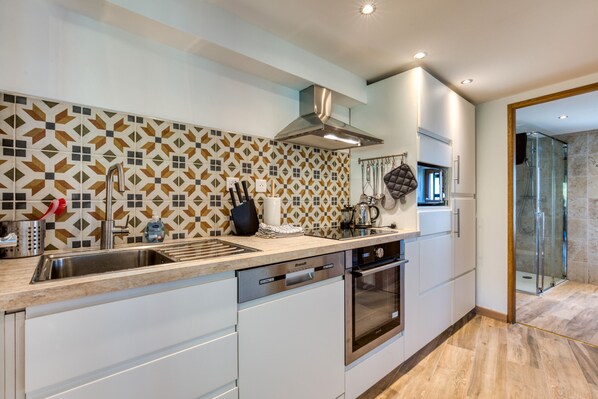 Frigorífico, microondas, horno y placa de cocina