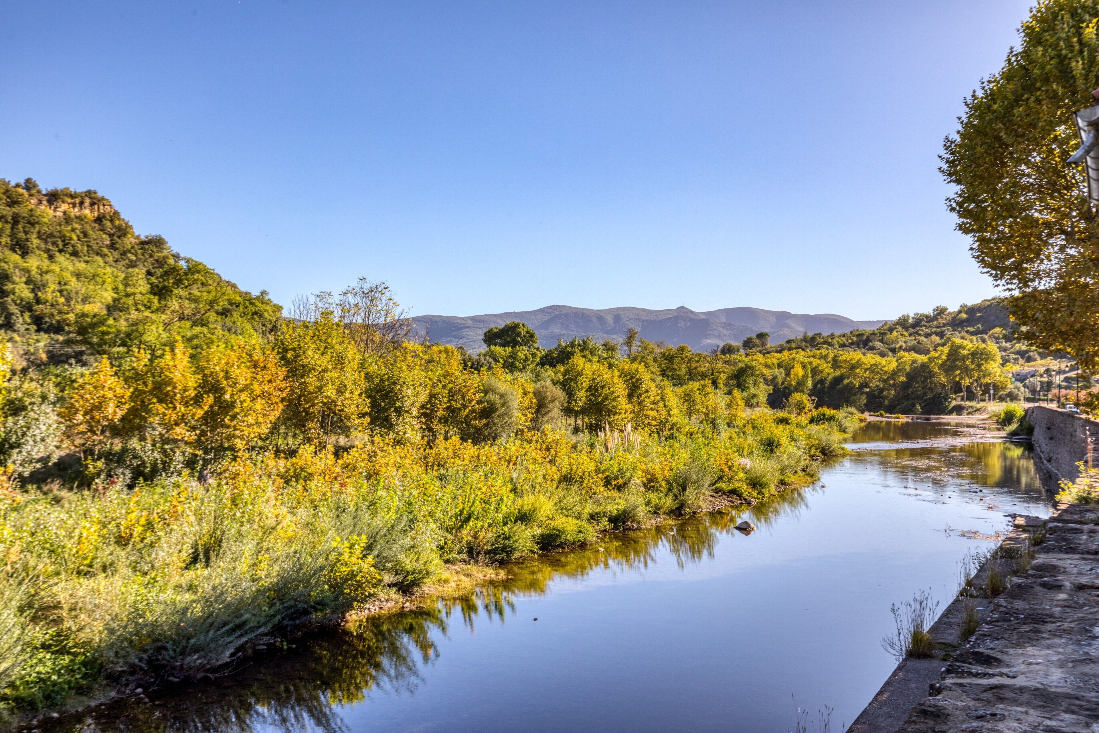 Ein Fluss mit grüner Umgebung und Hügeln im Hintergrund.