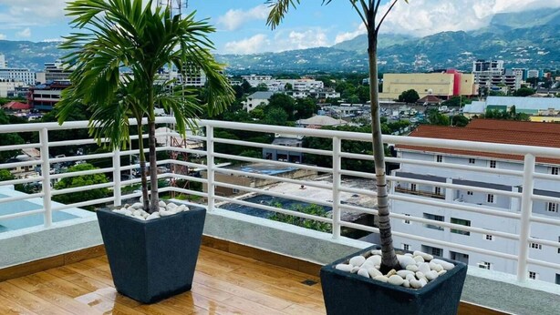 A balcony with two potted plants, a wooden floor, and a white railing. - 1 Bedroom Mountain Retreat New Kingston (Kingston)