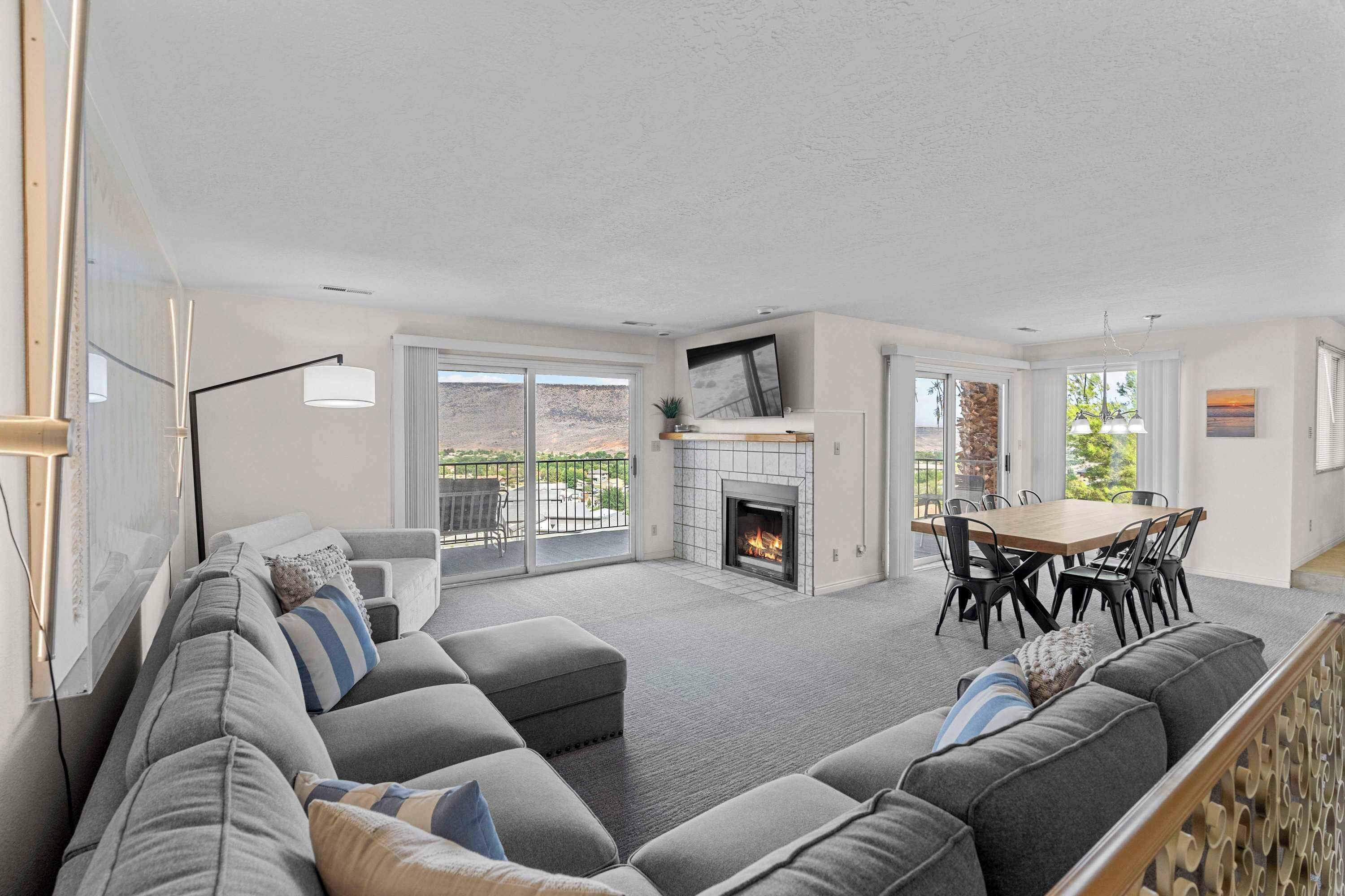 TV, fireplace, books