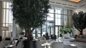 Um lobby moderno com assentos arredondados, plantas em vasos grandes e uma janela ampla com vista para o exterior.