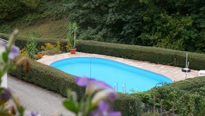 Ein Schwimmbecken, umgeben von ordentlich geschnittenen Hecken und verschiedenen Pflanzen.