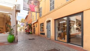 Uma rua de paralelepípedos com lojas, um grande balcão de exposição e uma planta verde.