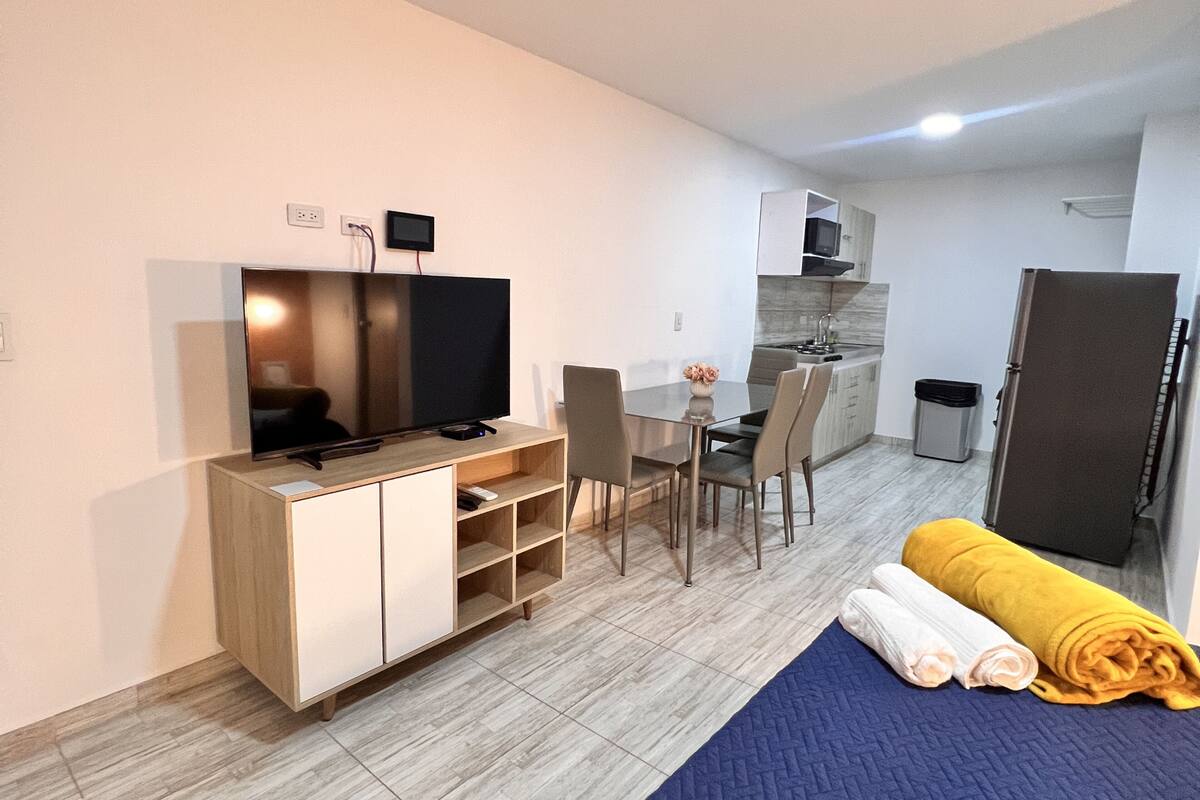 Un espace de vie compact comprenant un téléviseur, une table à manger, des chaises, un petit coin cuisine et un lit avec des serviettes pliées.