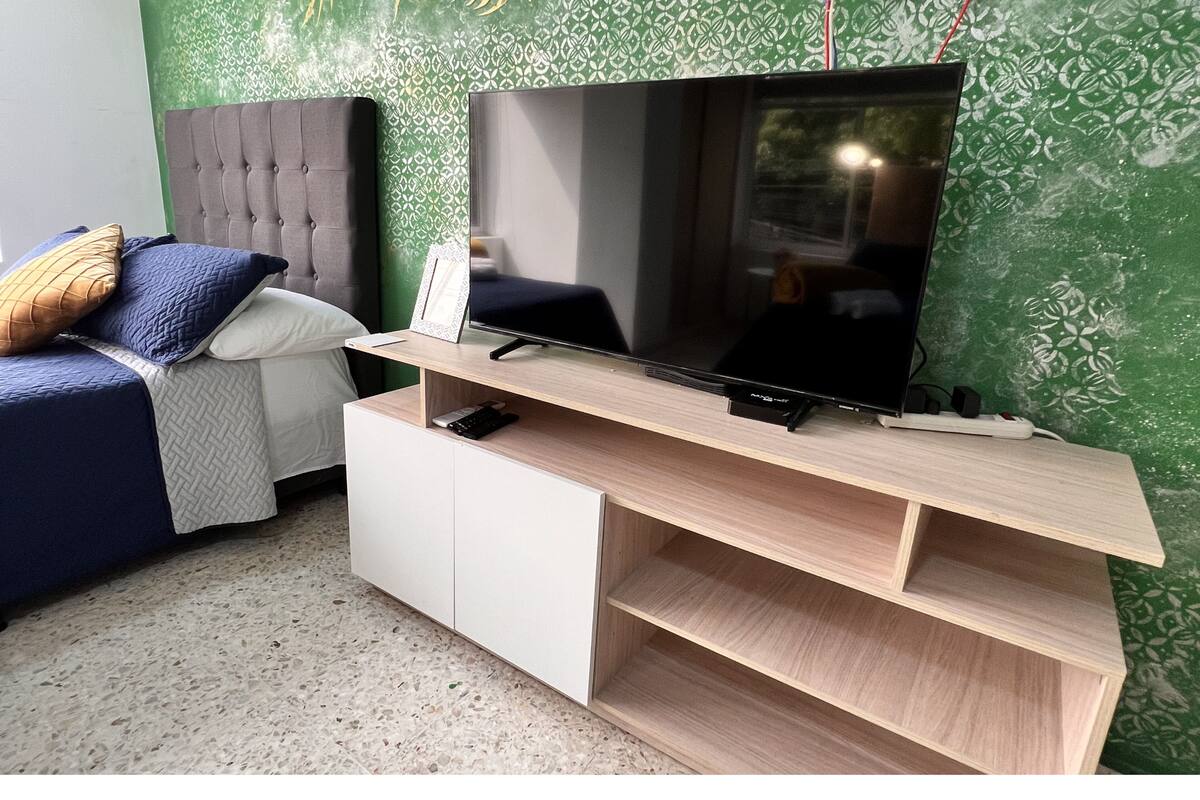 Une chambre à coucher avec un lit, un téléviseur posé sur un meuble en bois et un mur orné d’un motif vert.