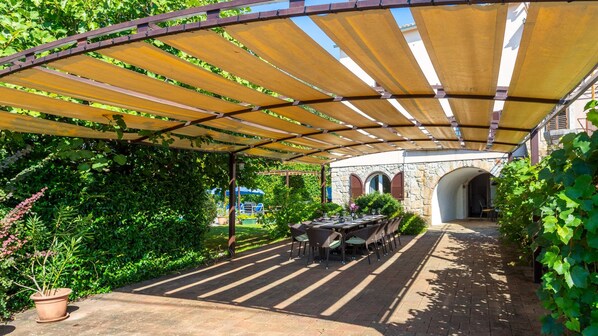 A covered outdoor patio with a table and chairs, surrounded by greenery and stone walls.