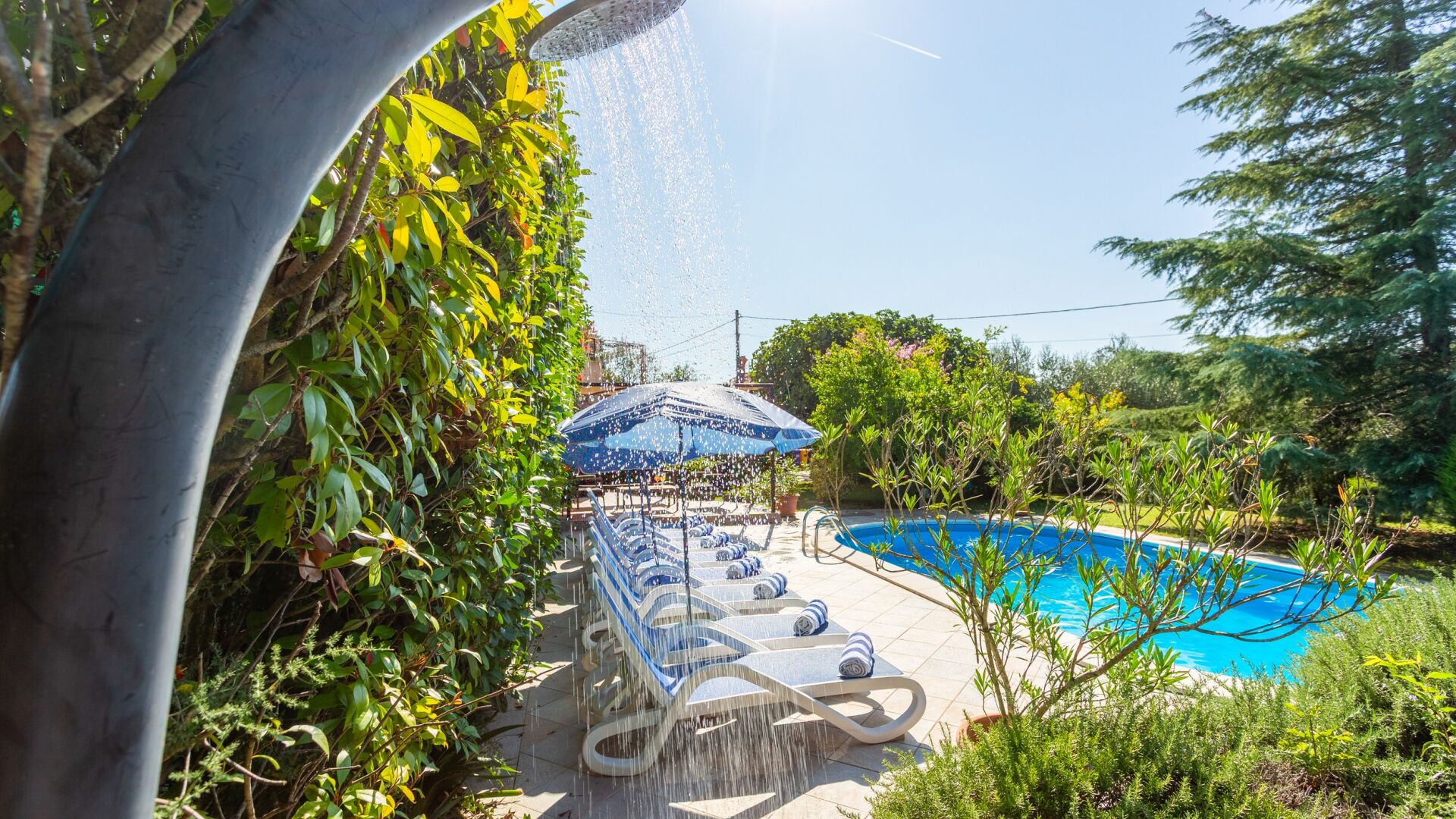 Une piscine dotée de chaises longues, d’un élément décoratif aquatique et entourée de verdure.