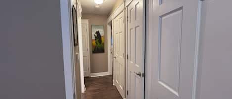 A hallway with white doors, a wooden floor, and a ceiling light.