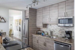 A modern kitchen with stainless steel appliances, a microwave, and a dishwasher. - Smuggler Mine — Pet-Friendly Condo in Telluride (Telluride)