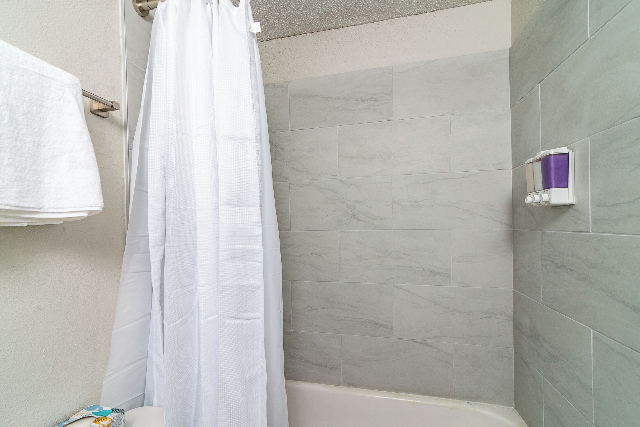 Une salle de bain avec un rideau de douche, un porte-serviettes et un distributeur de savon.