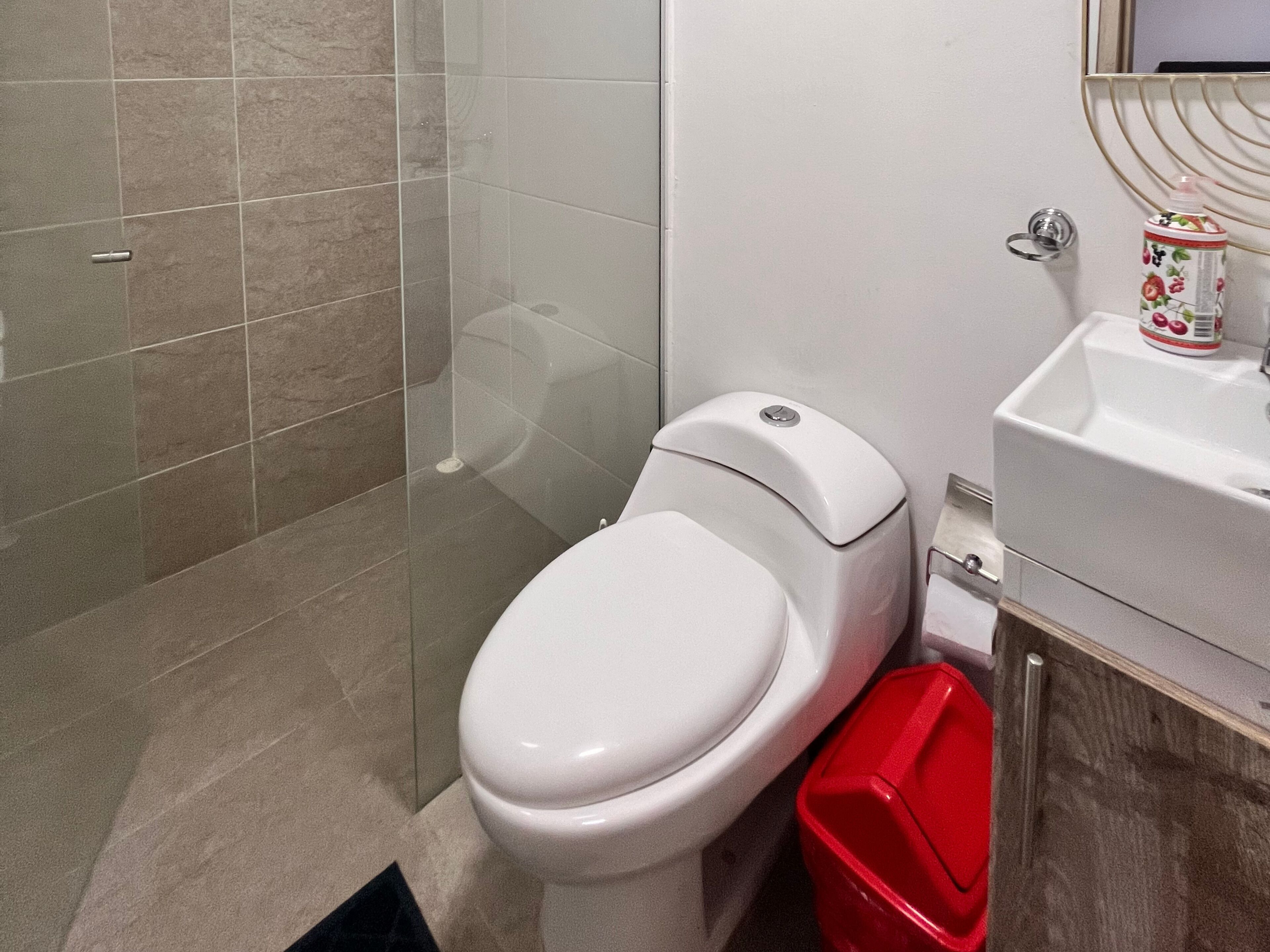 A bathroom with a toilet, a glass shower enclosure, and a sink with a trash bin.