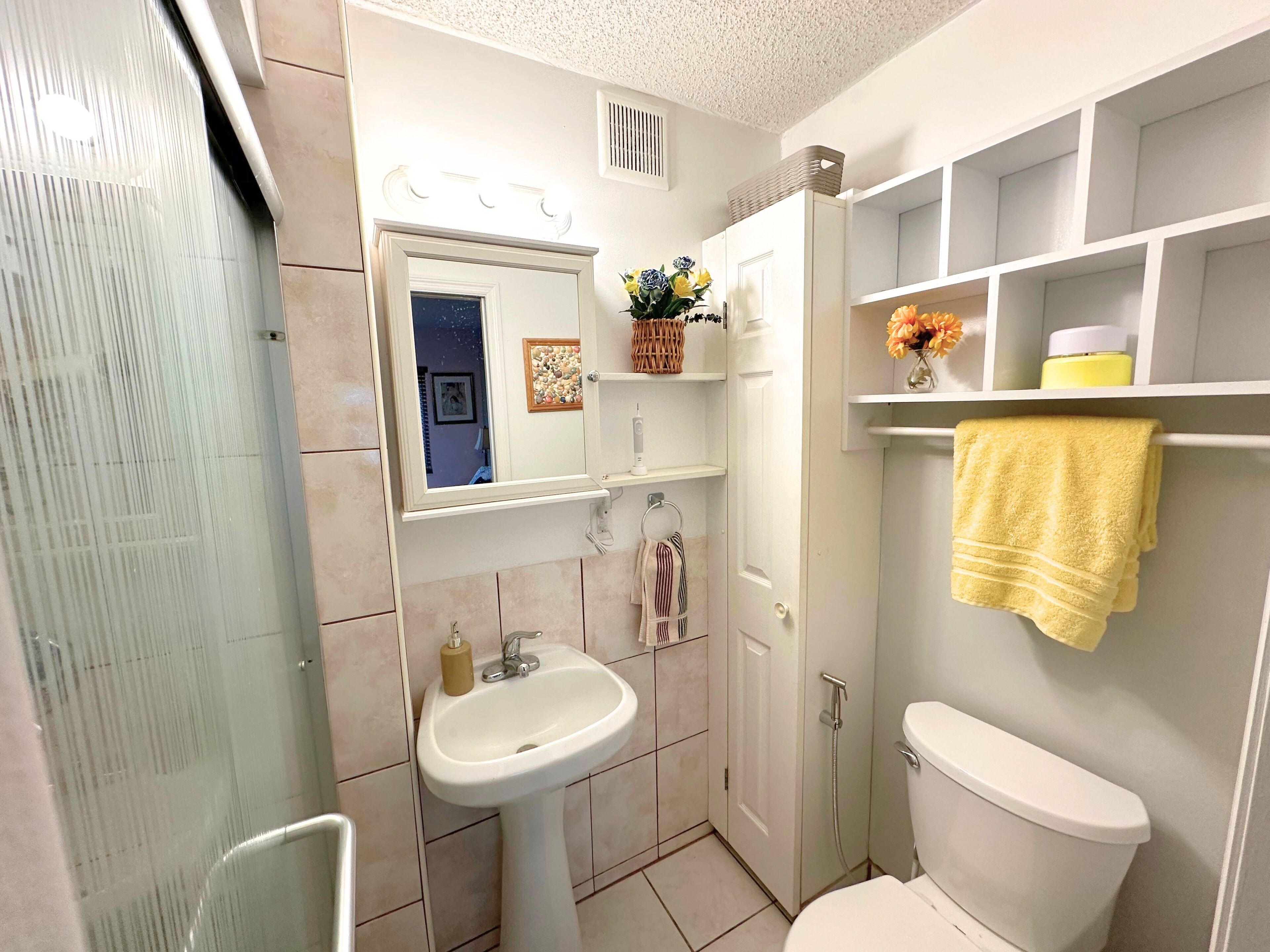 Bagno con lavandino, specchio, water e mensole con articoli da toilette.