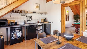 A compact kitchen with a washing machine, a microwave, and a sink. - Apartment 'Männerleben' with Private Terrace and Wi-Fi (Harztor)