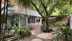 Un jardin agrémenté d’une serre en verre, de sentiers en pierre et de divers plants en pot.