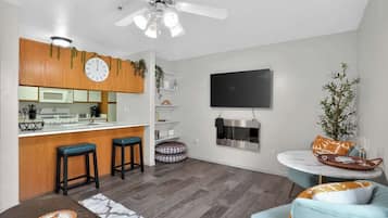 TV, fireplace, books, offices