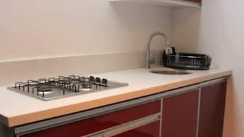 Fridge, microwave, stovetop, cookware/dishes/utensils