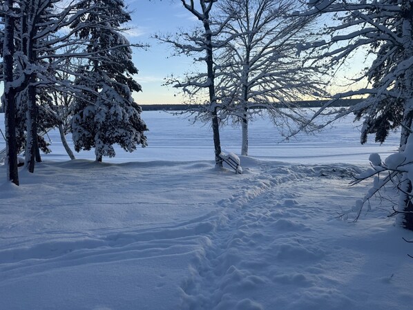 A snowy landscape with trees and a frozen lake. - The Farmhouse at Cabin Creek: Lake Gogebic Retreat (Marenisco)