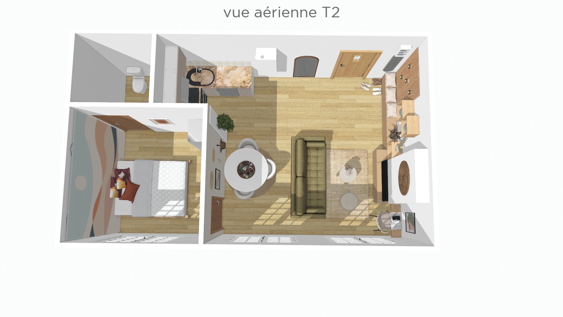 A modern interior with a bed, a dining table, and a sofa.