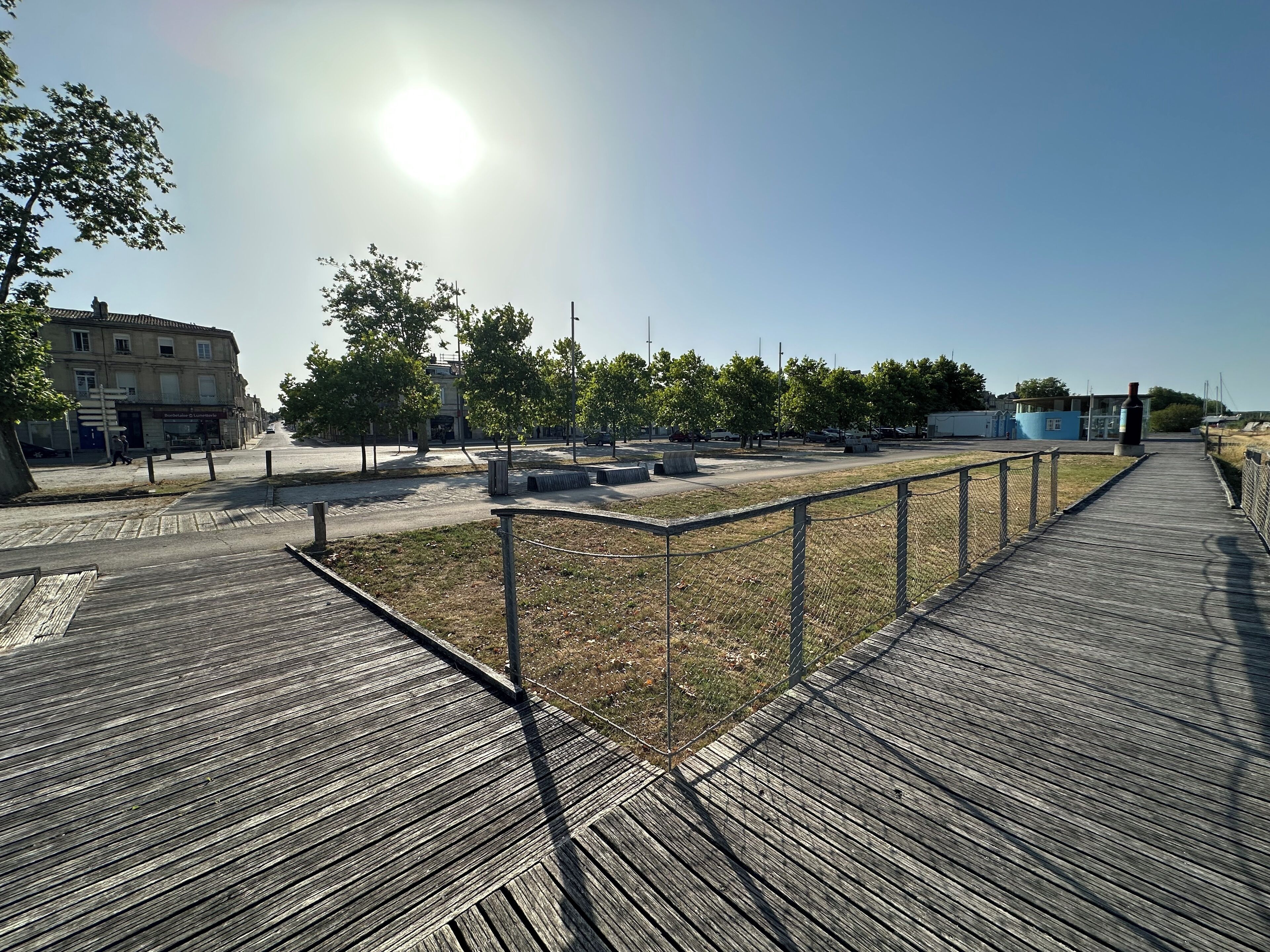 A wooden boardwalk leading to a grassy area with trees and buildings in the background.