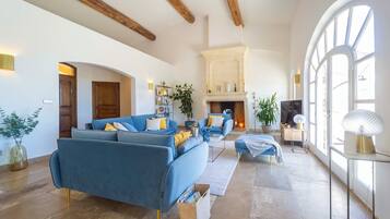 TV connectée, cheminée, livres, chaîne hi-fi