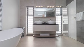 Hair dryer, bidet, towels, soap