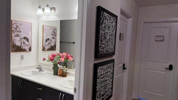 Hair dryer, bidet, towels, soap