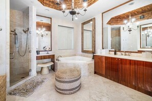 Shower, jetted tub, hair dryer, towels