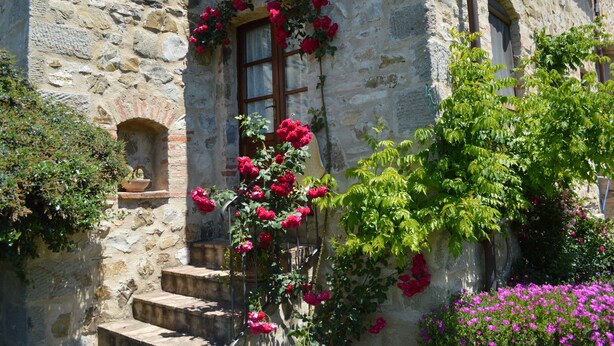 A stone building with a wooden door, steps leading to a porch, and a garden with flowers.