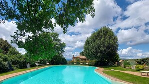A swimming pool with a clear blue water, surrounded by a brick deck and lush greenery.