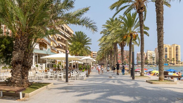 A beachfront promenade with palm trees, outdoor seating, and a view of the sea. - Penthouse Morning Star by Fidalsa (Torrevieja)