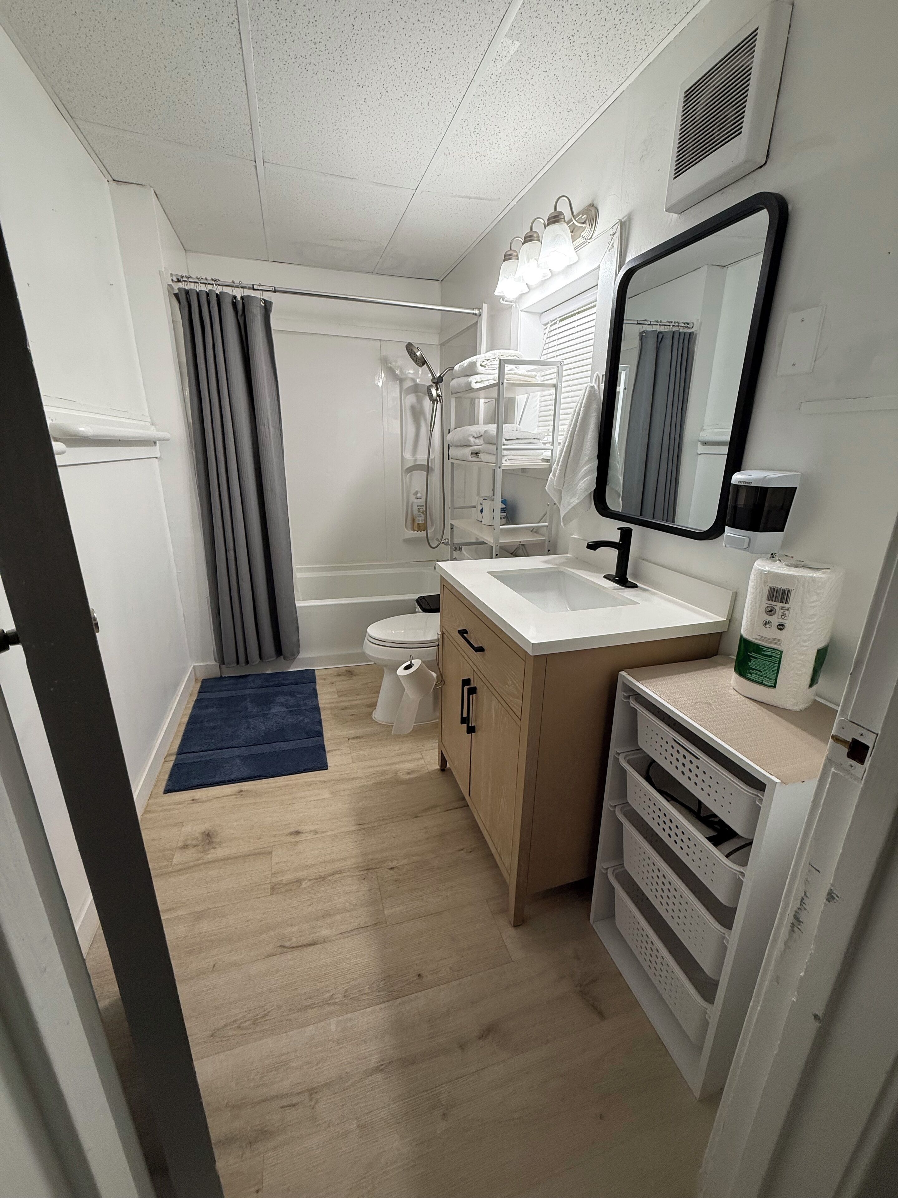 Hair dryer, towels, soap, shampoo