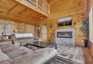 TV, fireplace - Private Luxury Gatlinburg Cabin-Mountain Views-Hot Tub-Seasonal Pool Access (Gatlinburg)