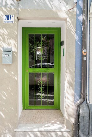 Eine grüne Tür mit Fenster, Briefkasten und einem Schild mit der Aufschrift '797 VIA PLEBISCITO'.