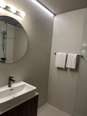 Dusche, Haartrockner, Handtücher, Seife
