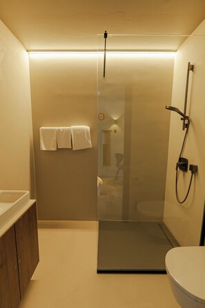 Shower, hair dryer, heated floors, towels