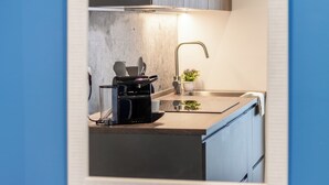 A modern kitchen with a built-in stove, a sink, and a small potted plant. - [Lakeside] New two-room apartment 2 (Como)