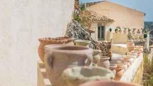 Terracottapotter arrangeret på en balkon med en bygning i baggrunden.