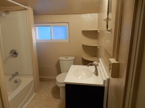 Hair dryer, towels, soap, toilet paper