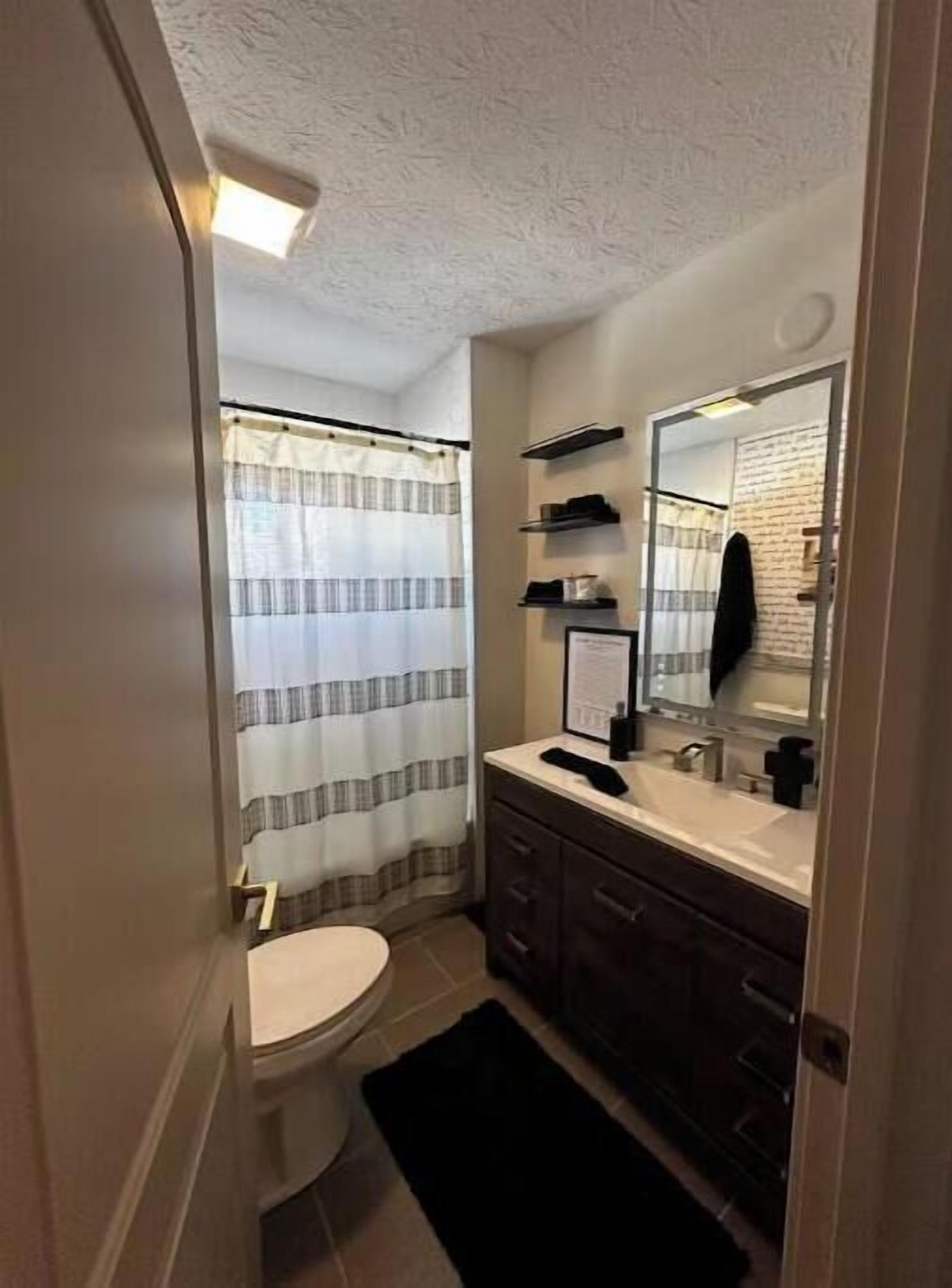 A compact bathroom with a toilet, a vanity with a mirror, and a shower curtain.