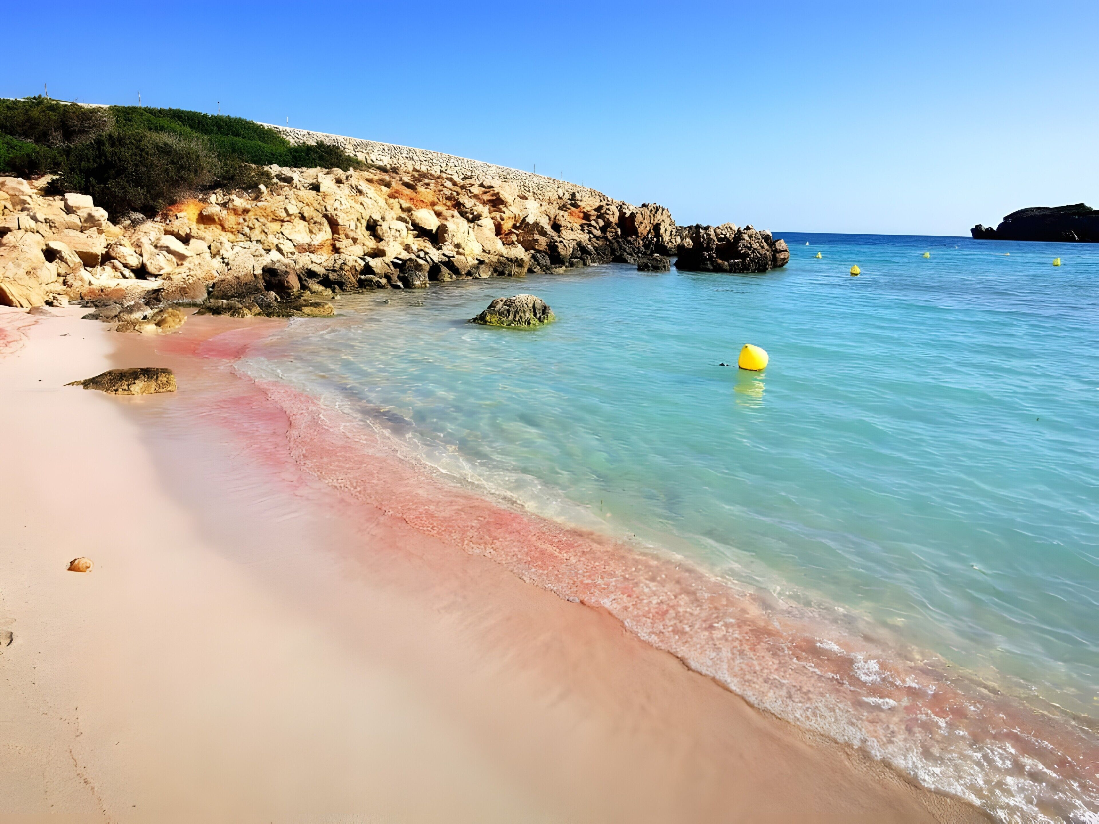 Una playa con agua cristalina, costa rocosa y una zona arenosa.