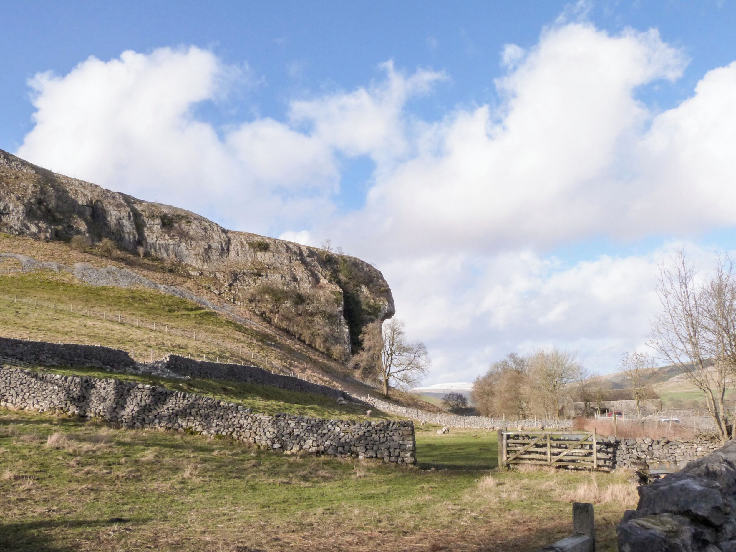 A stone wall, a grassy field, and a cliff.