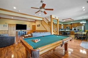 TV, fireplace, table football