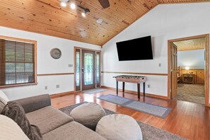 TV, fireplace, table football